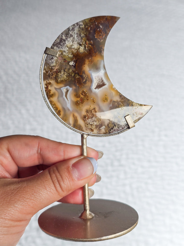 Scenic Moss Agate Moons on Stand