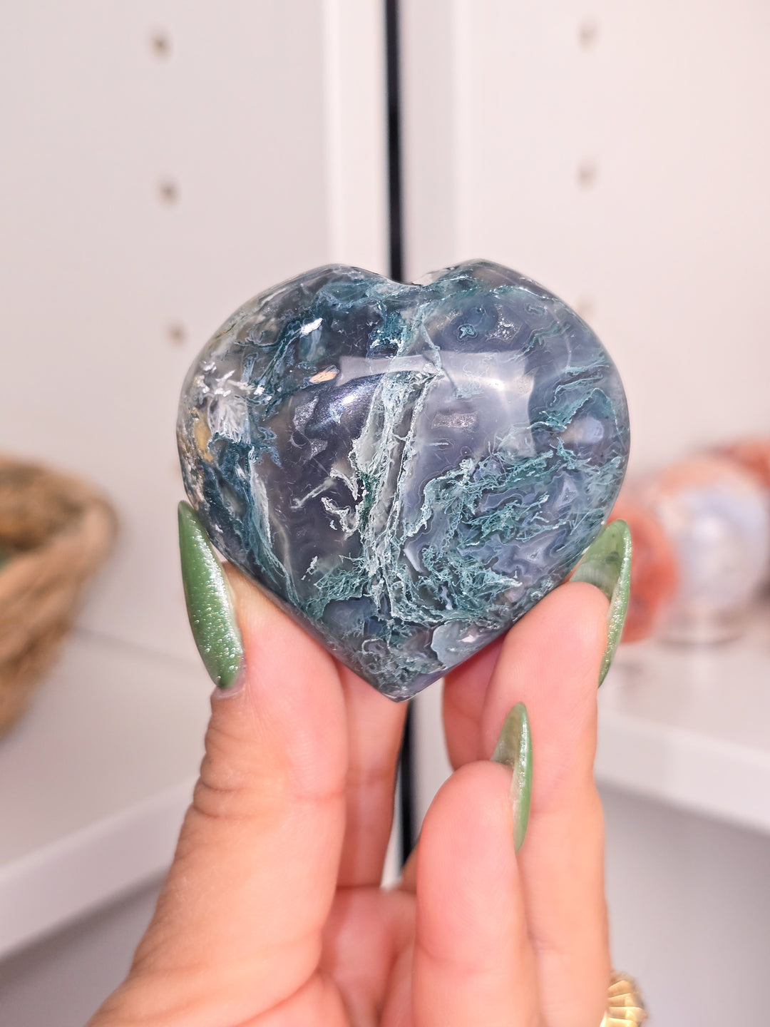 Moss Agate Palmstones and Hearts