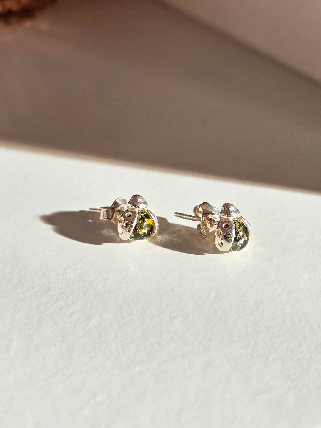 Green Amber Lady Bug Earrings