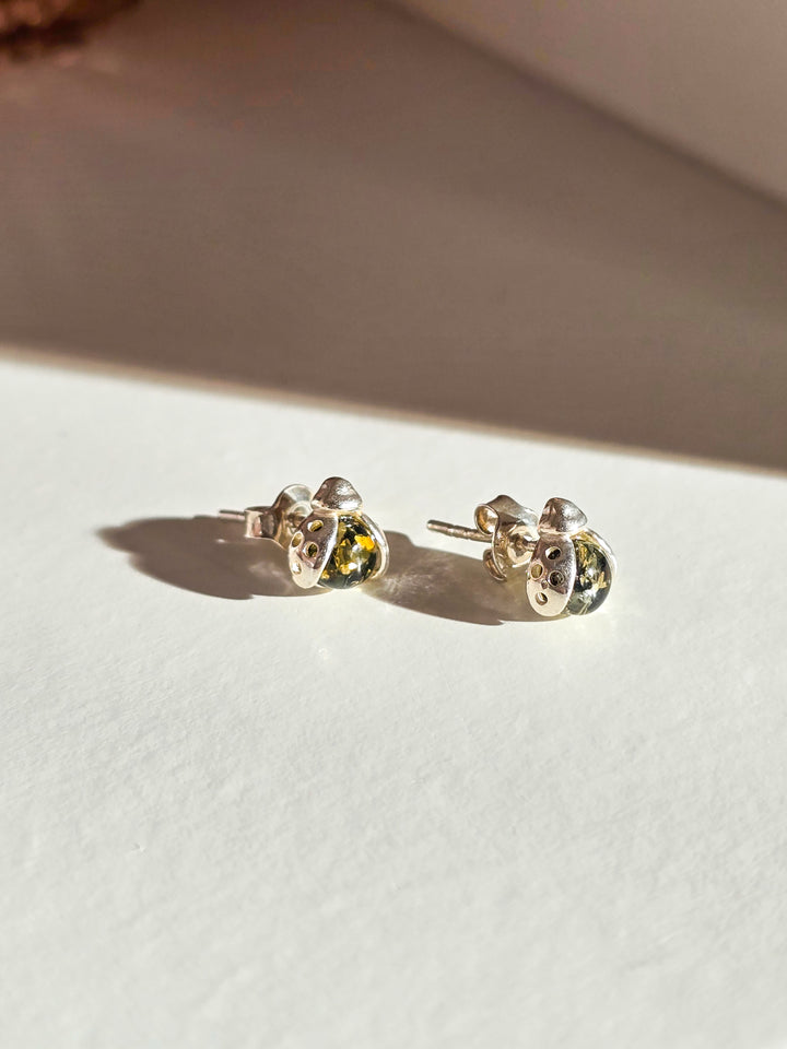 Green Amber Lady Bug Earrings