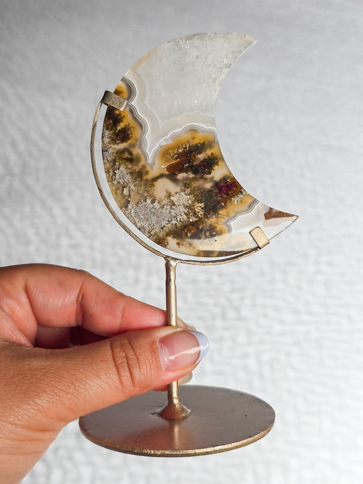 Scenic Moss Agate Moons on Stand