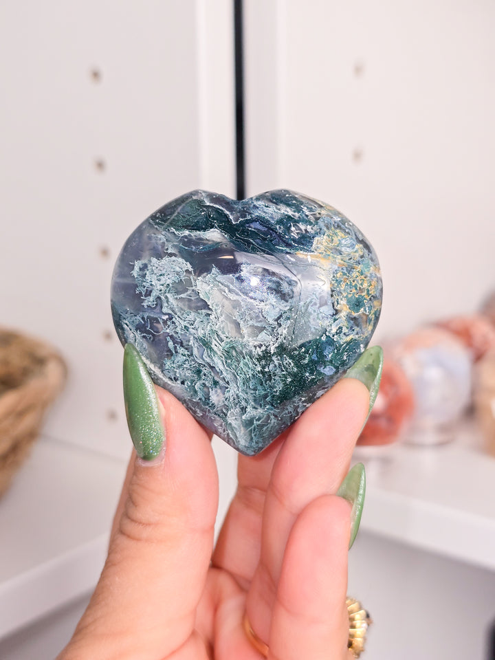 Moss Agate Palmstones and Hearts