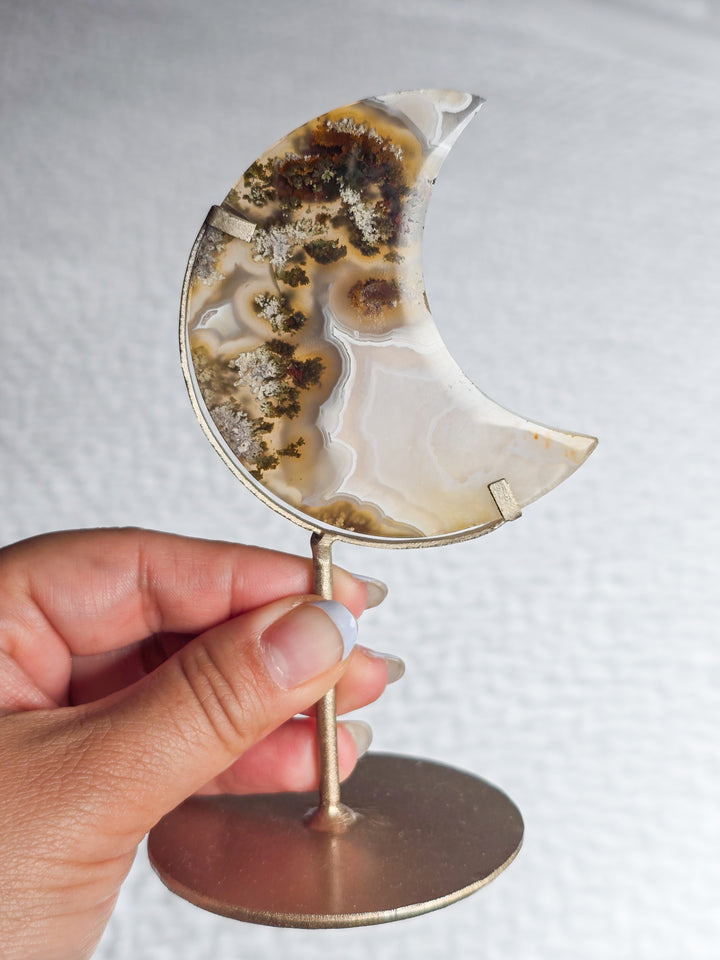 Scenic Moss Agate Moons on Stand
