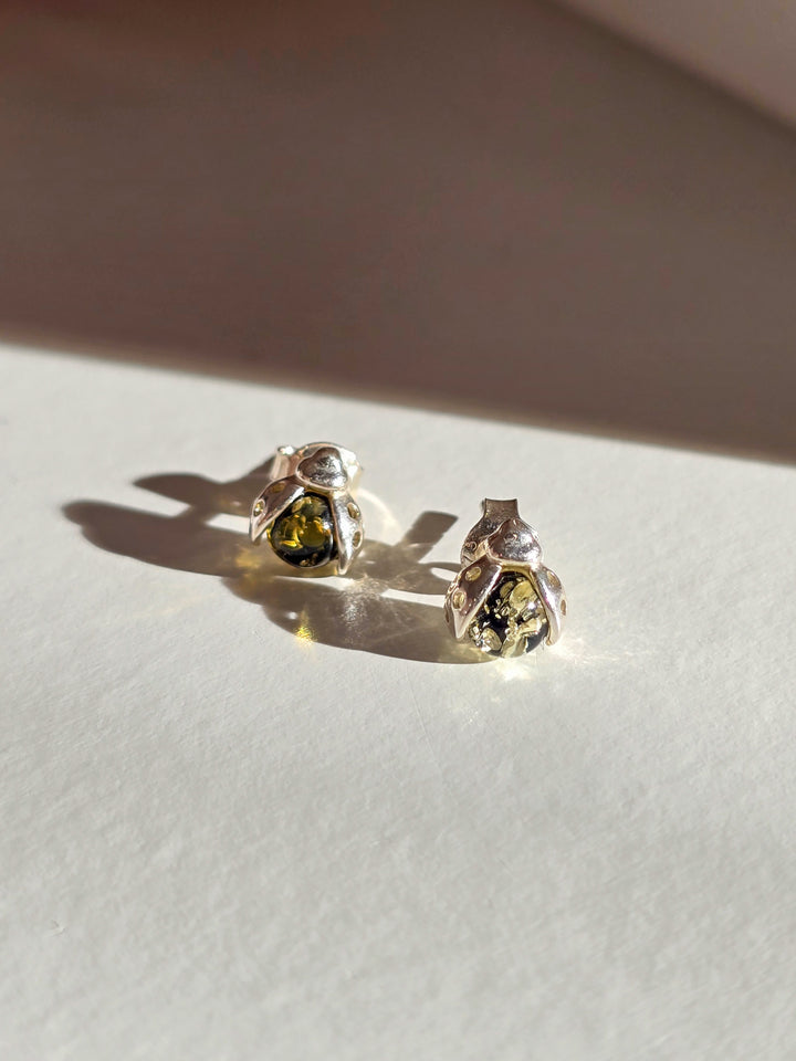 Green Amber Lady Bug Earrings