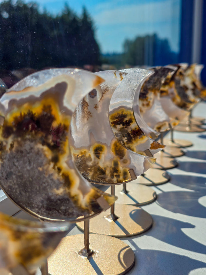 Scenic Moss Agate Moons on Stand