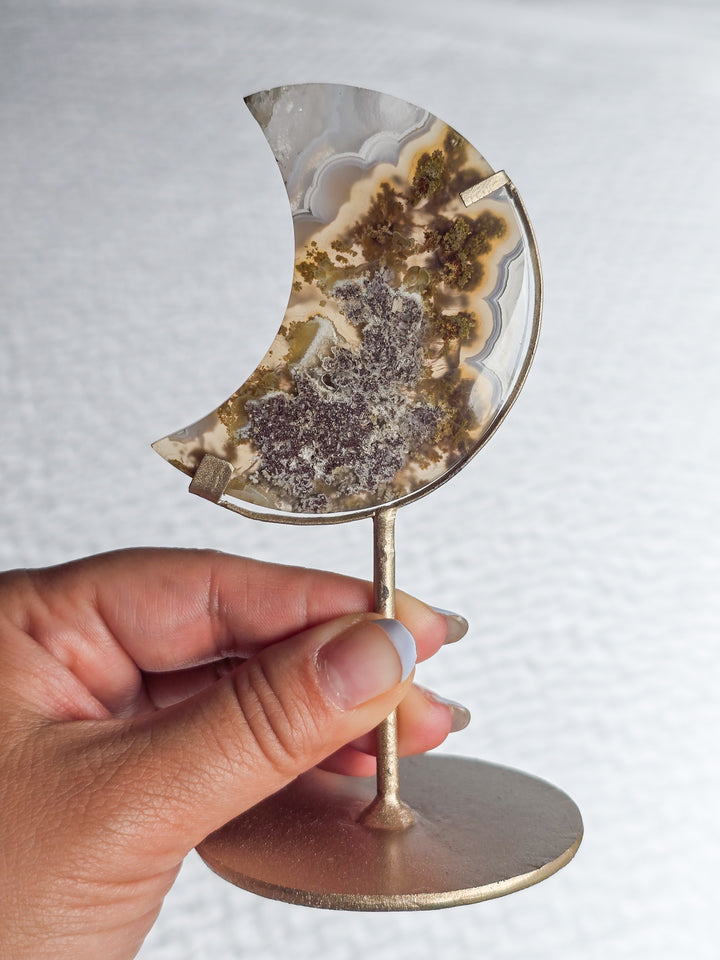 Scenic Moss Agate Moons on Stand