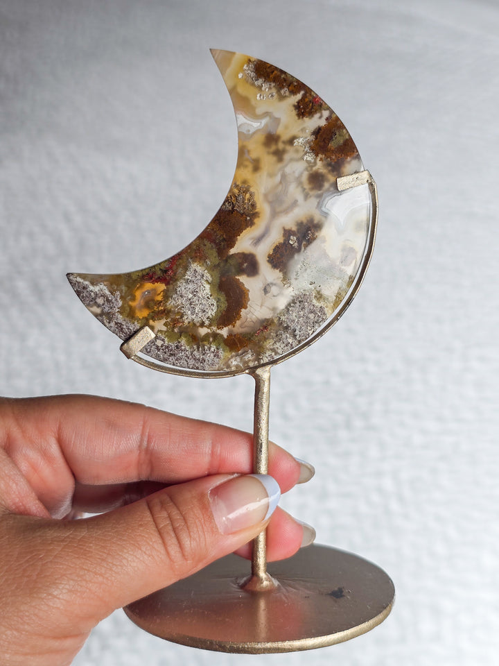 Scenic Moss Agate Moons on Stand