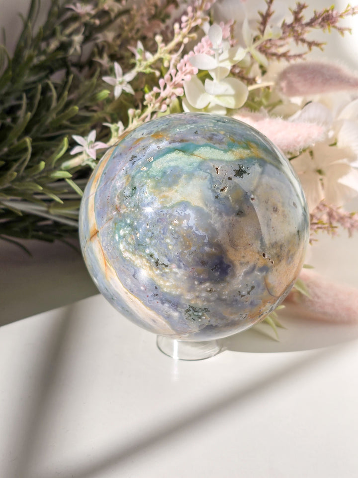 Sea Jasper Sphere with Pyrite j