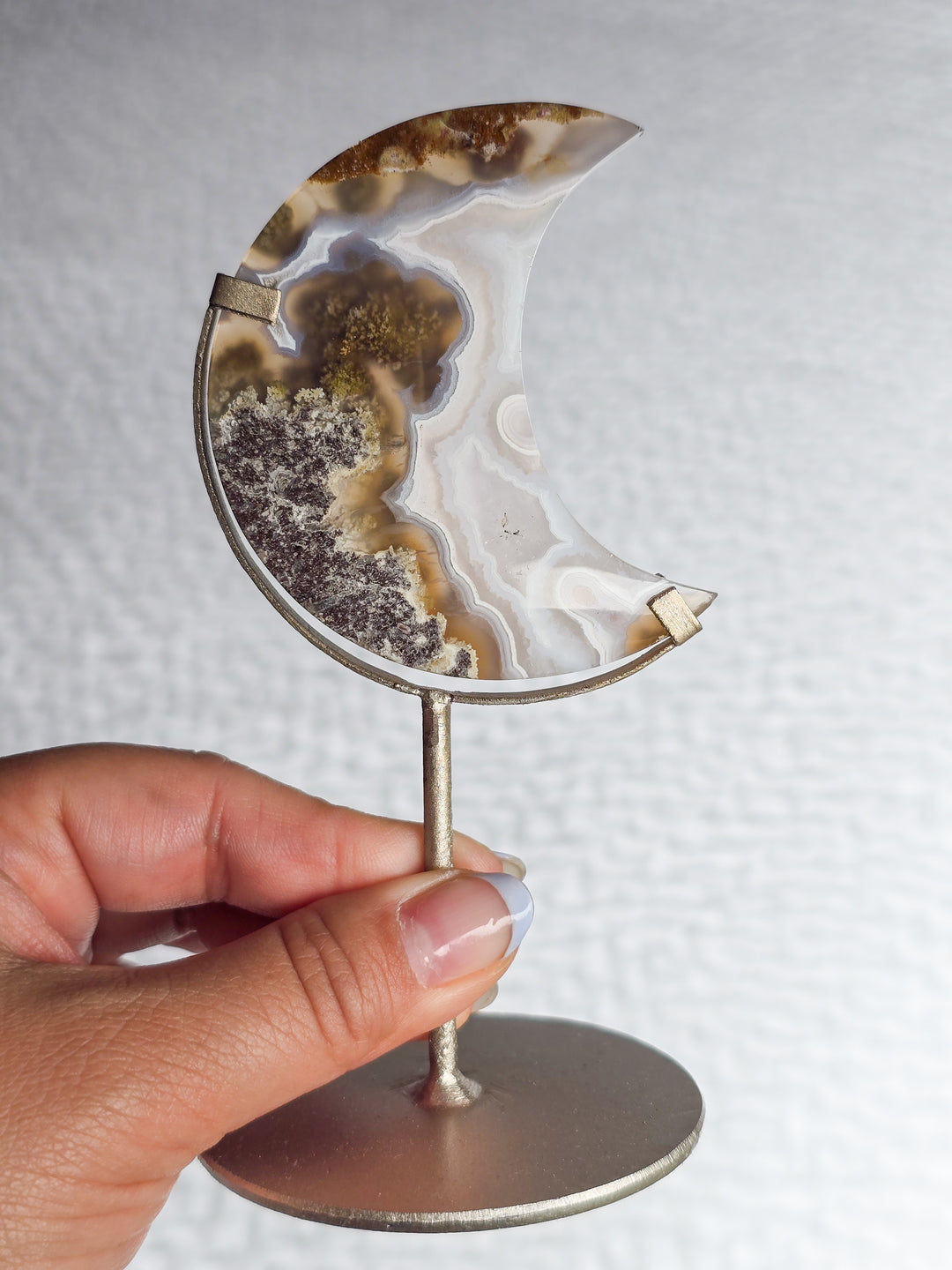 Scenic Moss Agate Moons on Stand