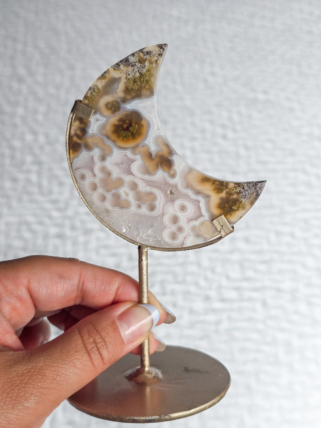 Scenic Moss Agate Moons on Stand