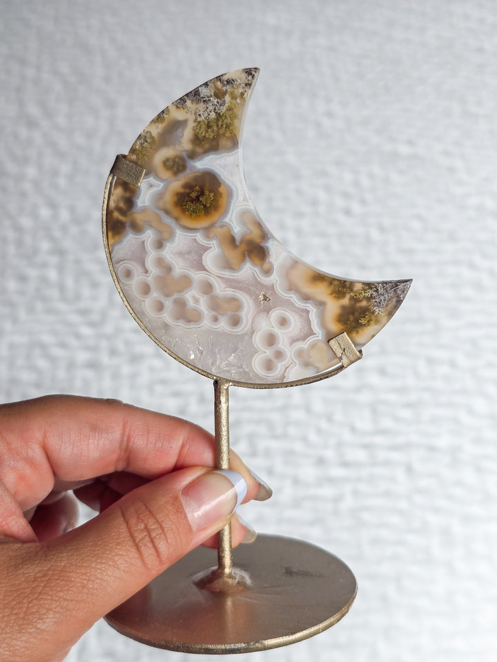 Scenic Moss Agate Moons on Stand