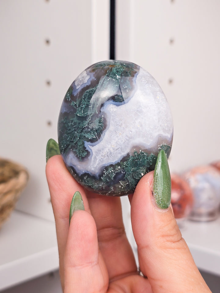 Moss Agate Palmstones and Hearts